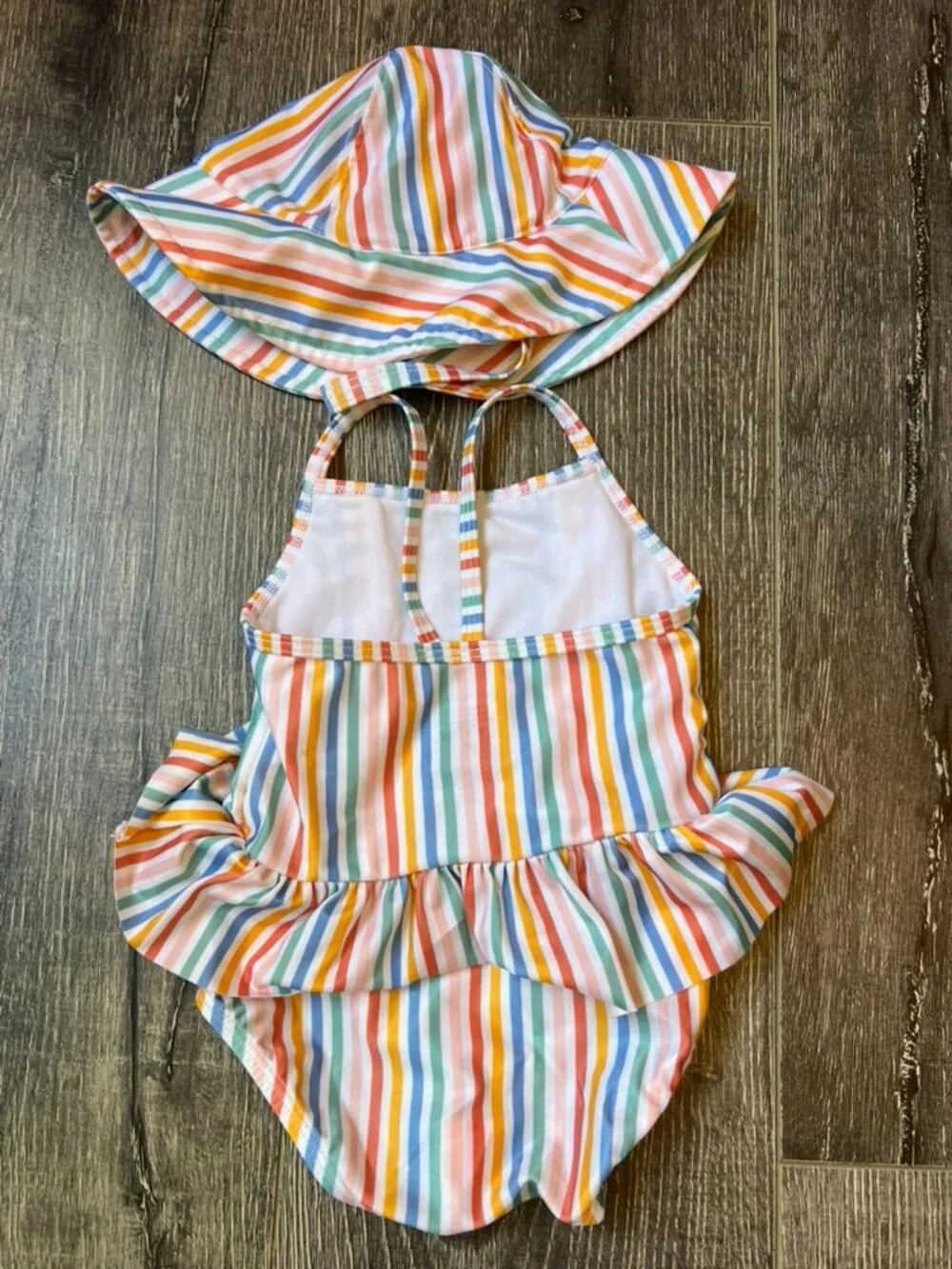 Baby Girl Pastel Rainbow Striped Ruffle Swimsuit & Sun Hat